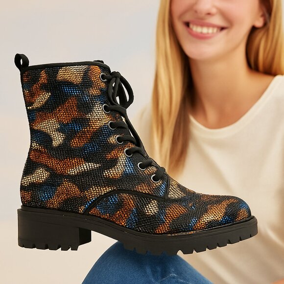Steve Madden Rhinestone Camo Combat Boots | Sparkly Military-Style Lace-up Ankle - Picture 1 of 15